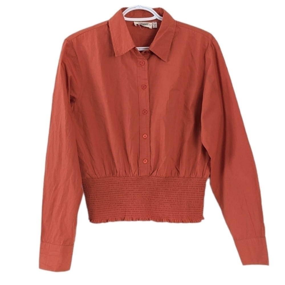 Retrod cotton smocked garterized button down shirt rust brown red medium @w